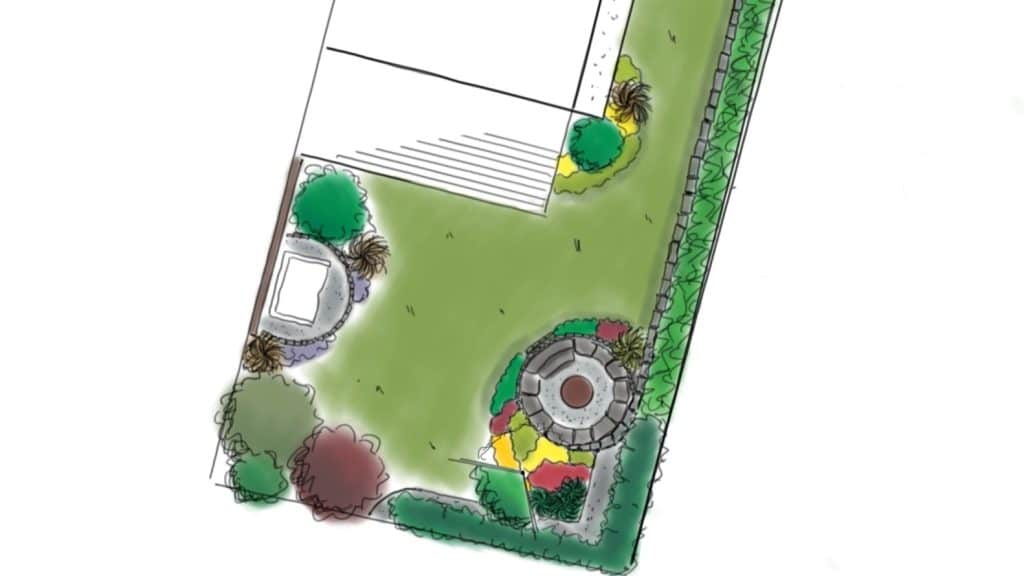 Detail des Gartenplans eines kleinen Reihenhausgartens mit kreisrunder Feuerstelle, Stützmauer mit Hecke, und Blumenbeeten