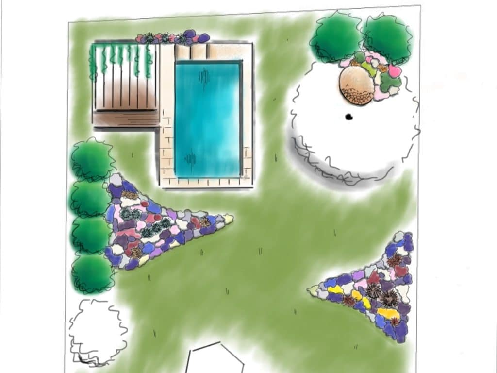 Detail des Gartenplans des Zwei-Generationen-Gartens mit Pergola, Poos, Staudenbeeten und Sitzplatz unterm Nussbaum