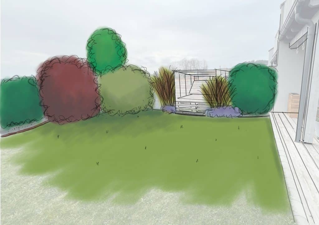 Perspektive im kleinen Reihenhausgarten. Blick von der Stützmauer zum Strandkorb und den Stuadenbeeten