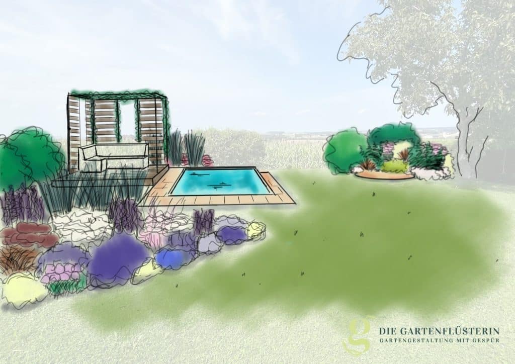 Perspektive im Zwei-Generationen-Garten. Staudenbeet im Vordergrund mit Pool und Pergola dahinter. Rechts unterm Nussbaum ein Sitzplatz mit Sträuchern und Stauden