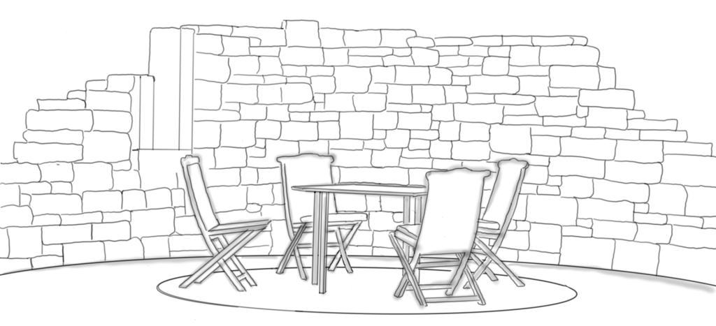 Handgezeichnete Illustration einer Sitzgruppe vor einer Steinmauer als Outlines in 3-D-Ansicht.