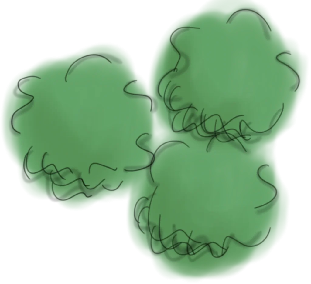Handgezeichnete Illustration einer Sträuchergruppe in gleichmäßigem Grünton.
